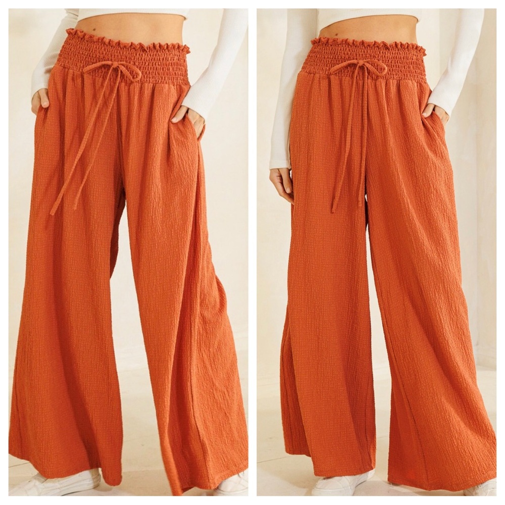 12 Boho Smocked Waist Wide Leg Pants - Picture 3 of 3
